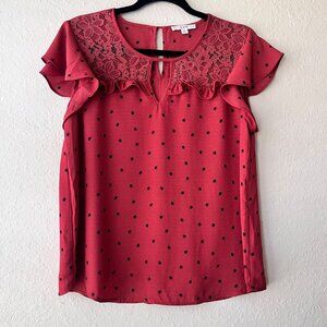 E & M Women's Ruffle Short Sleeve Semi Shier‎ Polka Dots Blouse Size M